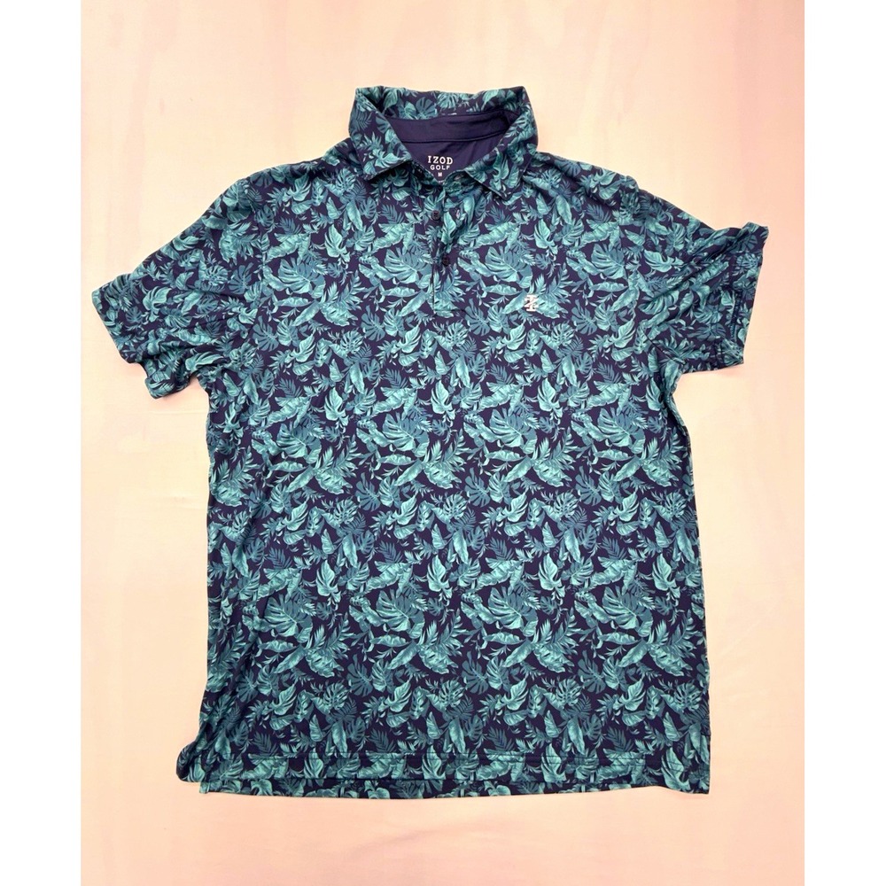 IZOD Golf Men's Polo Shirt Size M Blue/Green Floral Print Short Sleeve Collared